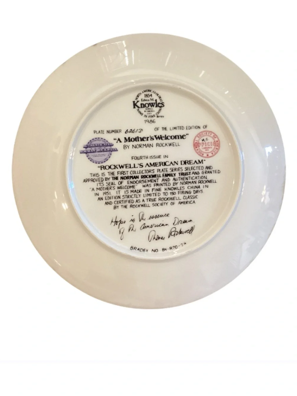 Knowles Norman Rockwell A Mother’s Welcome 1986 Fine China Plate with Cert